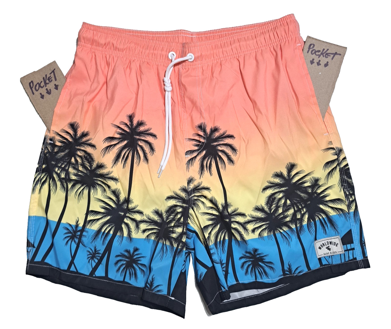 Worldwide Surf Rider Men’s Beach Short Size L Mesh Hawaiian Classic Palm Print