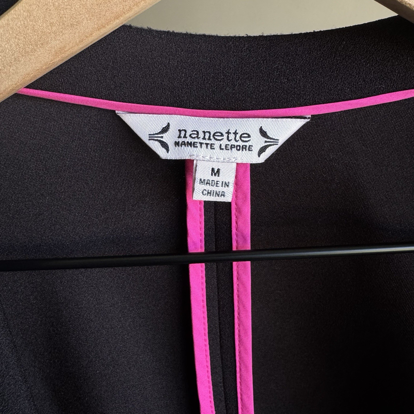 Nanette Lepore Black Open Front Long Blazer Jacket Pink Trim Pockets M