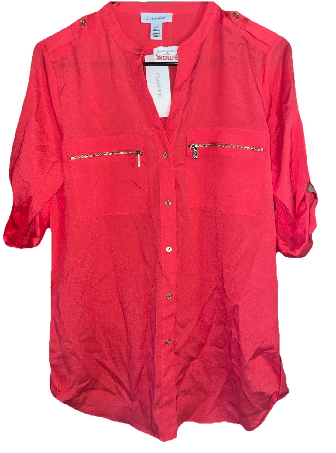 Calvin Klein Women’s Sherbet Color Blouse W/ Roll Tab Sleeves Gold Zippers Sz S