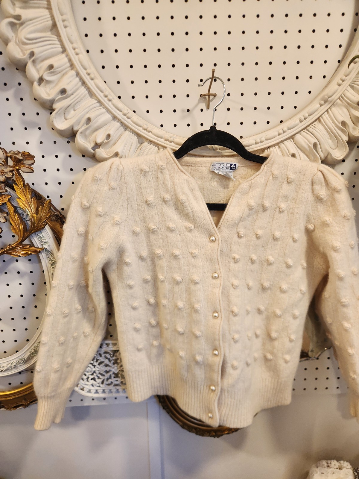 Vintage Adele Joyce Cardigan Womens Cream Angora Lambswool Pearl Button Felted