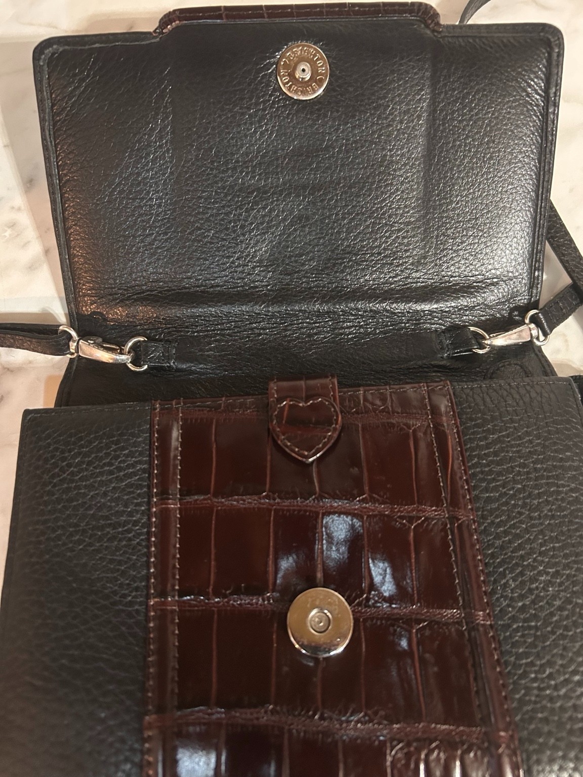 VTG Brighton Black Croc Embossed Leather Wallet Crossbody Organizer Bag Purse