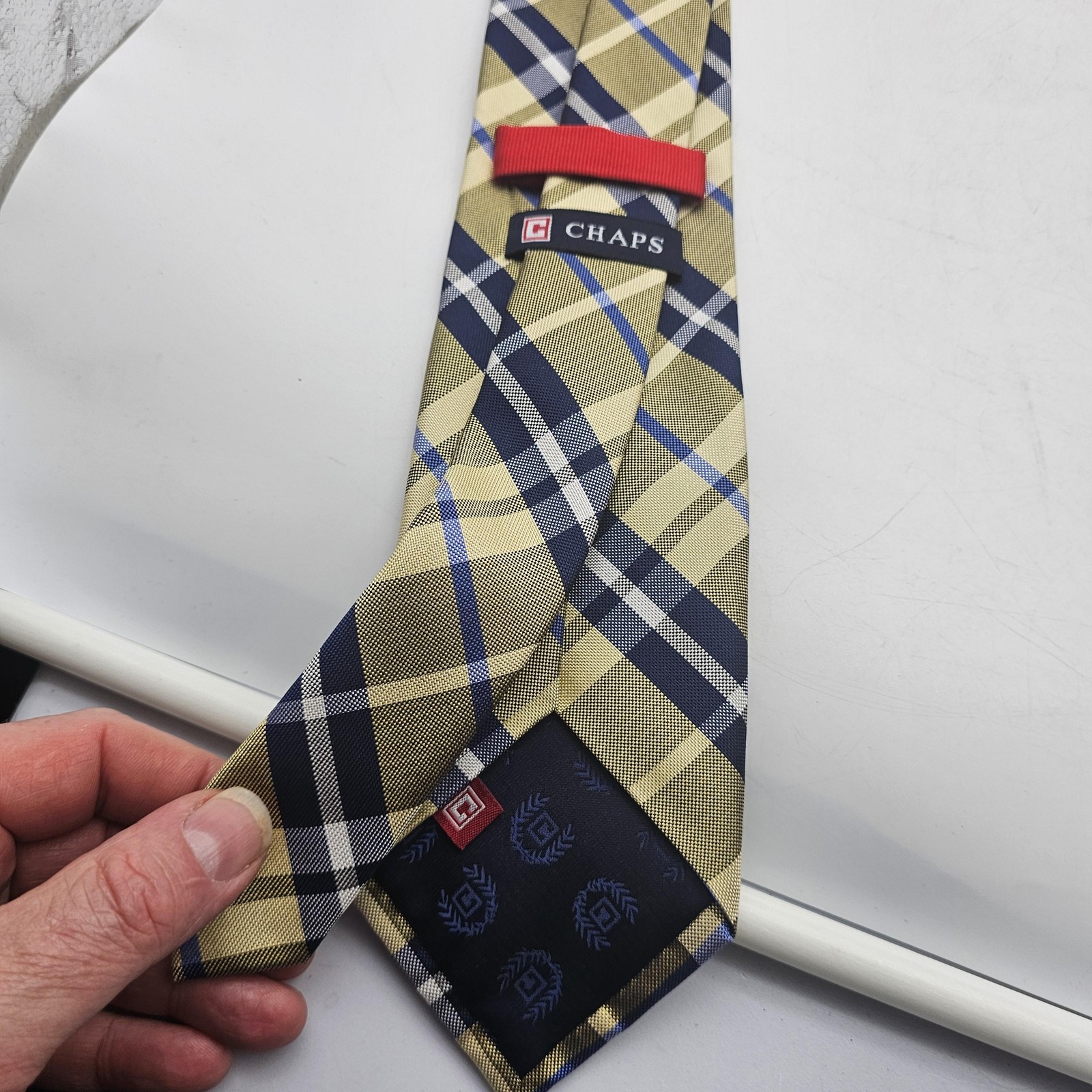 Chaps Tie Mens Gold Blue Tartan Plaid Check 100% Silk Classic Necktie Woven