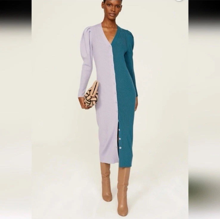 Busayo Collective Womens M Colorblock Wool Sweater Dress Midi Puff Sleeves