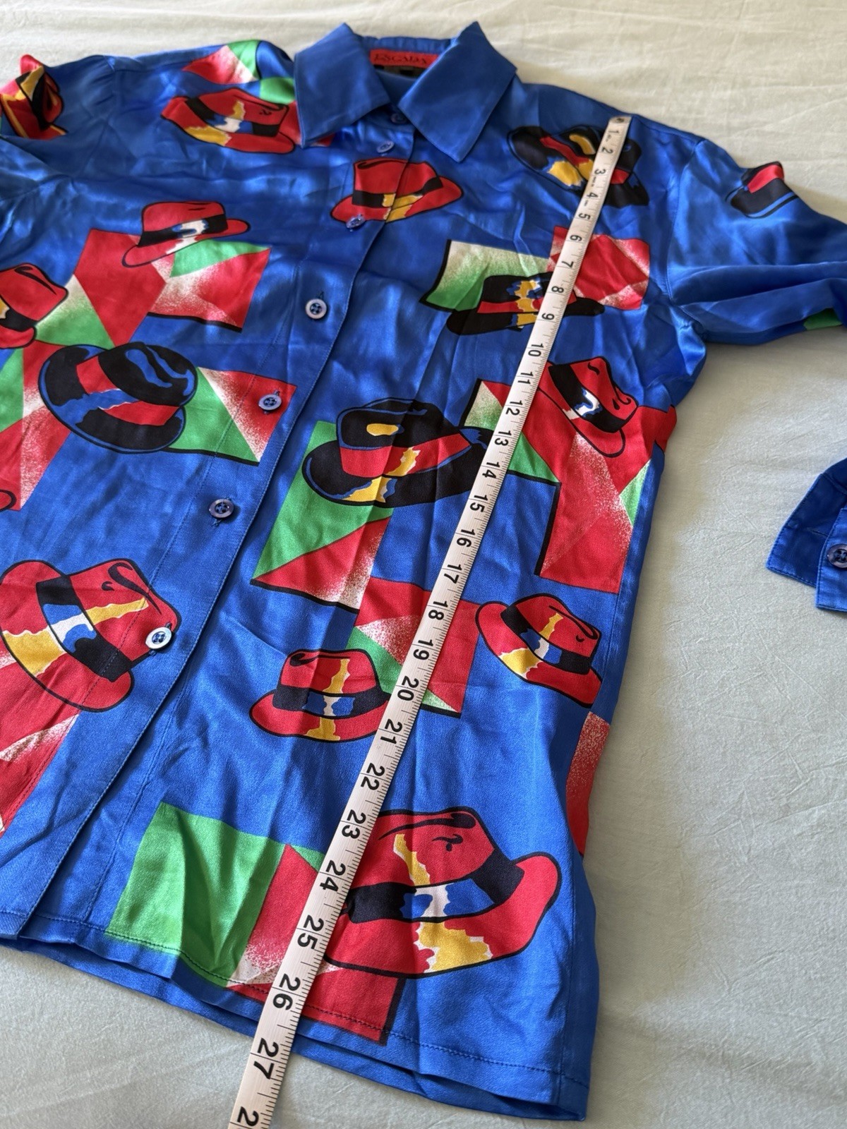 Vintage Escada Cobalt Blue Hat Print Silk Blouse Maxmalism S/M