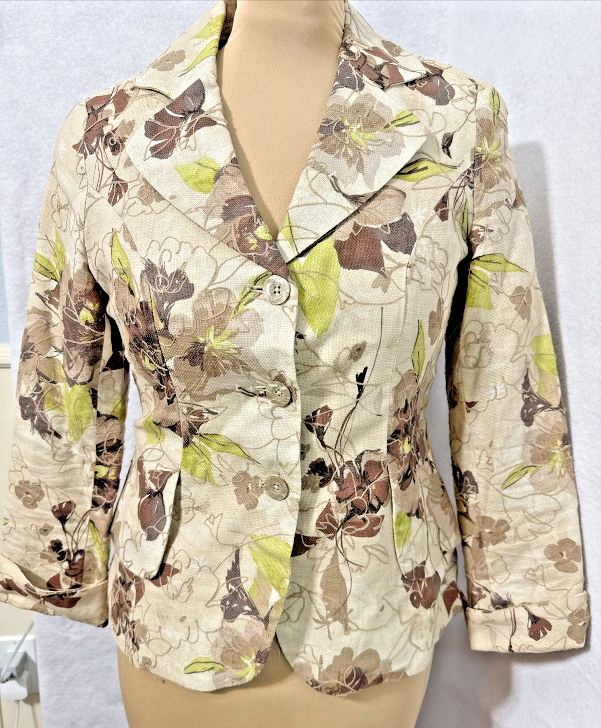 Coldwater Creek Ladies Brown Floral Lined Jacket Sz 10 52% Linen 48% Cotton