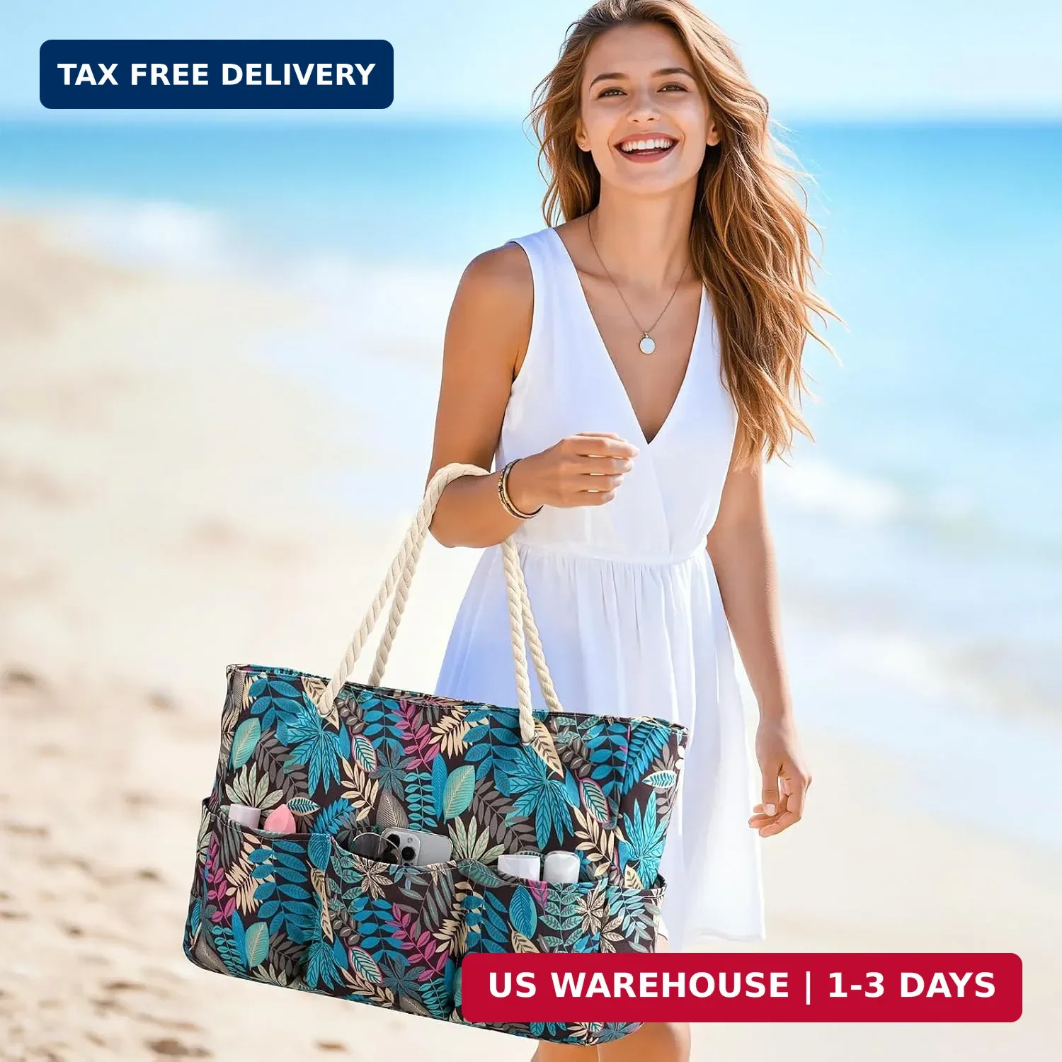Becokan Beach Bags for Women Canvas Large Beach Tote Bag Zipper
