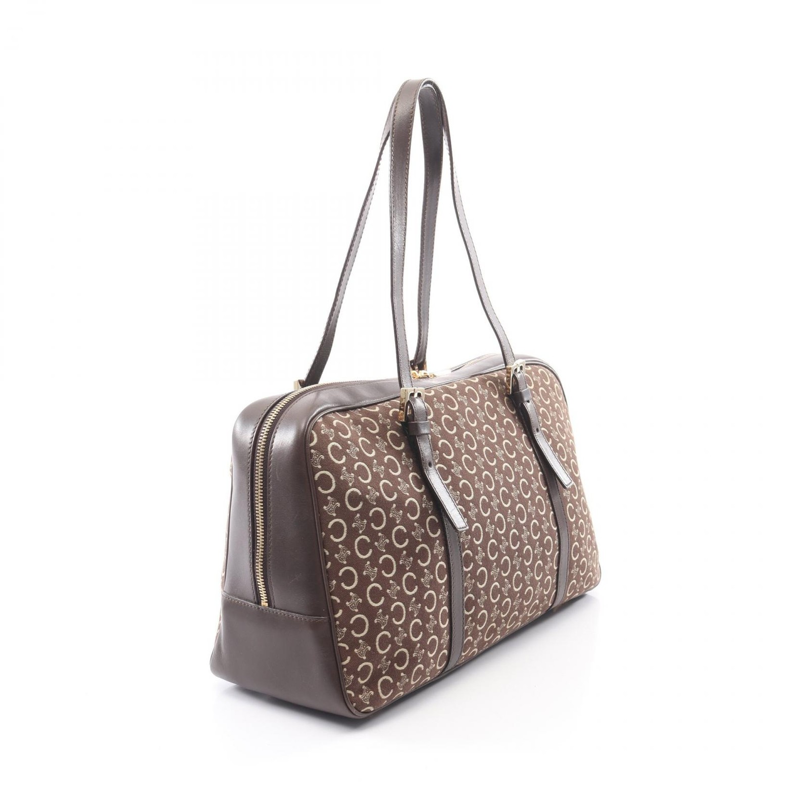 CELINE C Macadam Shoulder Tote Bag canvas leather Brown Beige Used Women