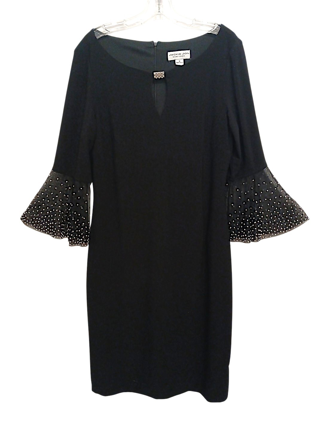 Jackie Jon New York Black Sheath Dress 3/4 Embellished Bell Sleeves Sz 10 Party