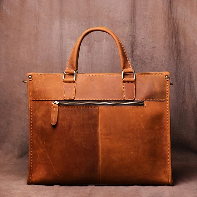 Handmade Leather Briefcase Men Vintage Messenger Bag Crazy Horse Laptop Satchel