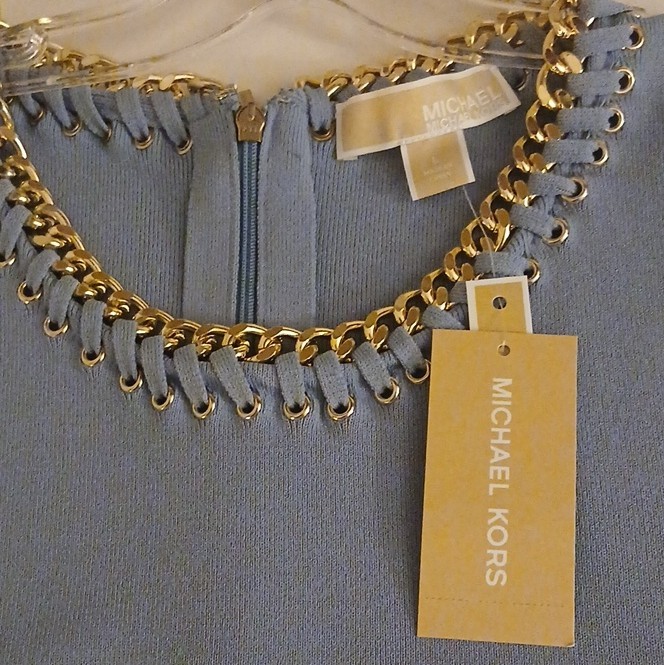 Michael Kors Women’s Blue Knit Rayon Sheath Dress S Chain Lace-Up Back Zip