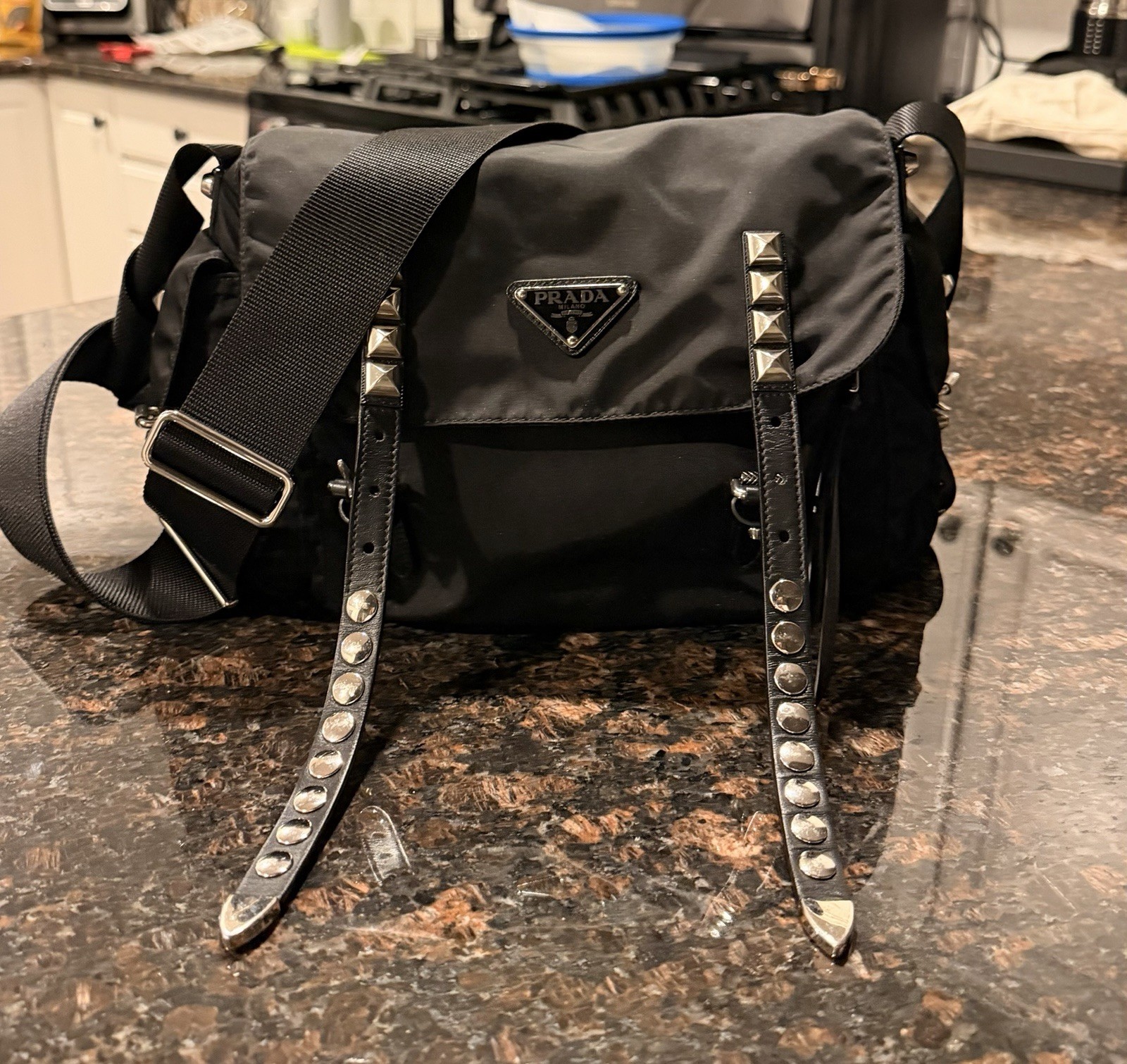 PRADA Black Studded Messenger Crossbody Bag Adjustable Strap Zip Buckle