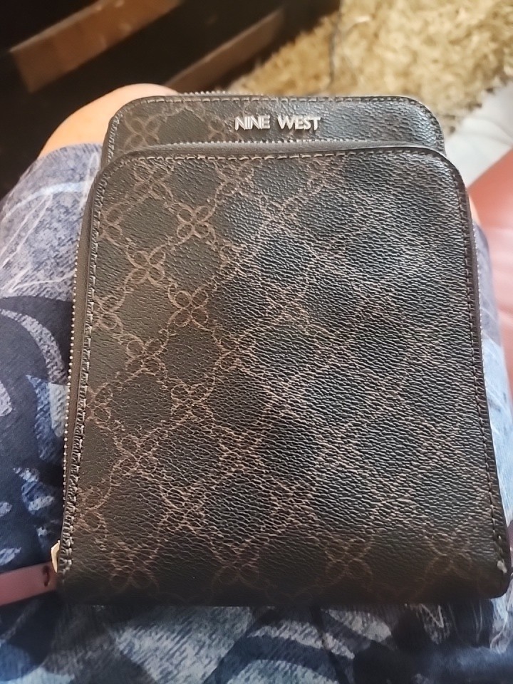 Nine West Lior Granite Crossbody Purse Double Zip Compartments Brown Monogram