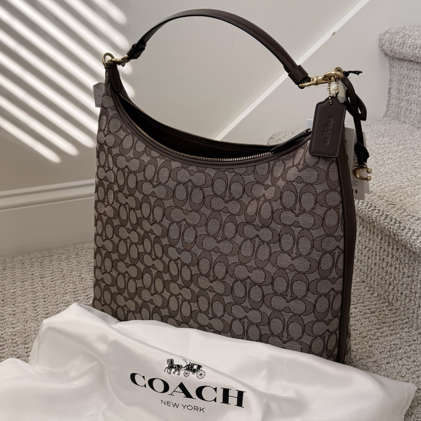 NWT COACH Juliet Large Shoulder Bag 38 Signature Jacquard Oak Maple Brown CDG70