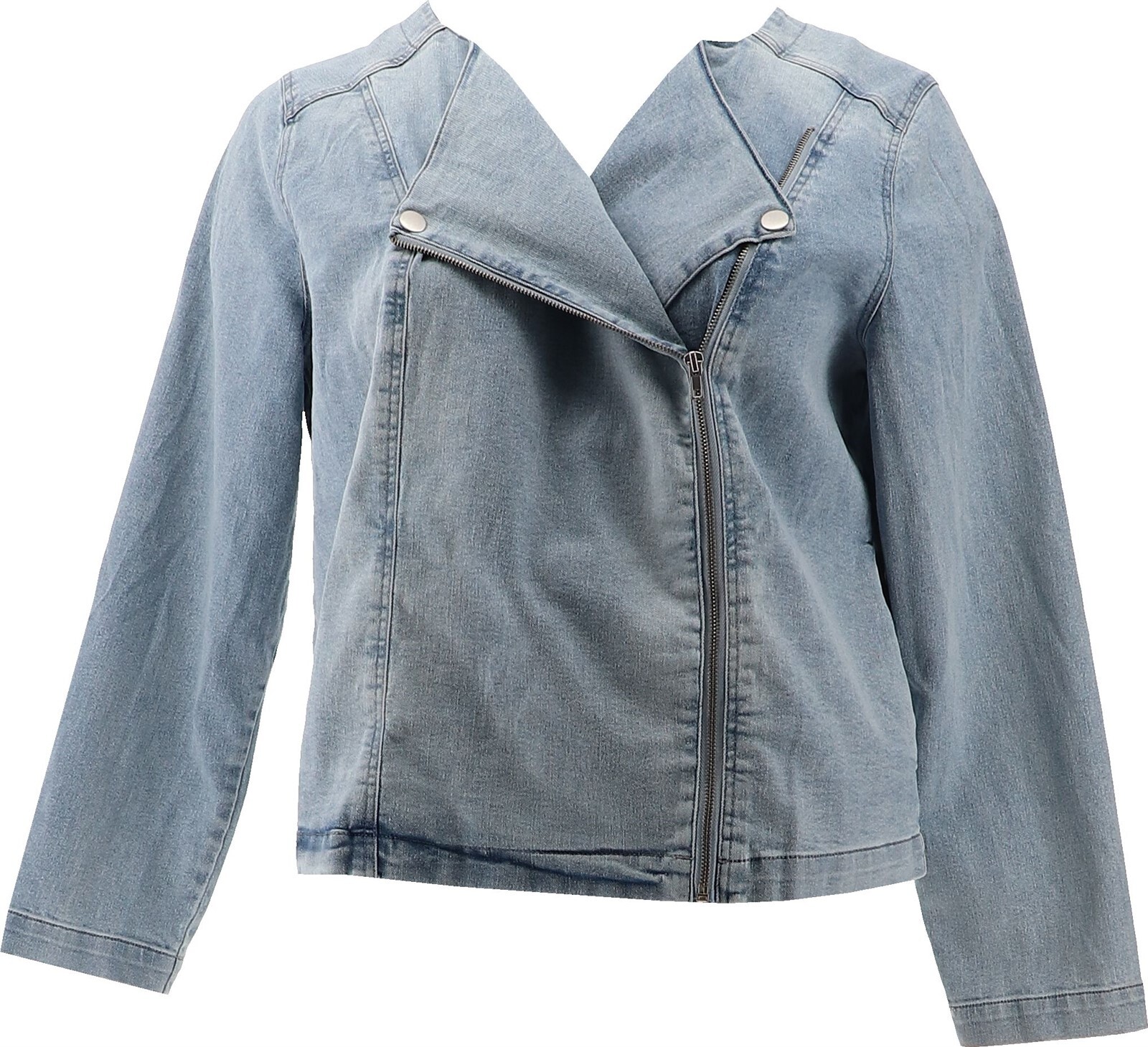 DG2 Diane Gilman Collarless Stretch Denim Moto Jacket Chambray M NEW (26)