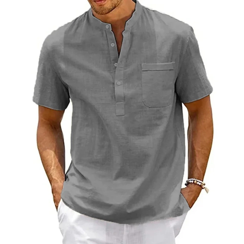 Linen Summer Tops Neck Shirt Henley Men’s CASUAL Sleeve Short S–3XL Beach