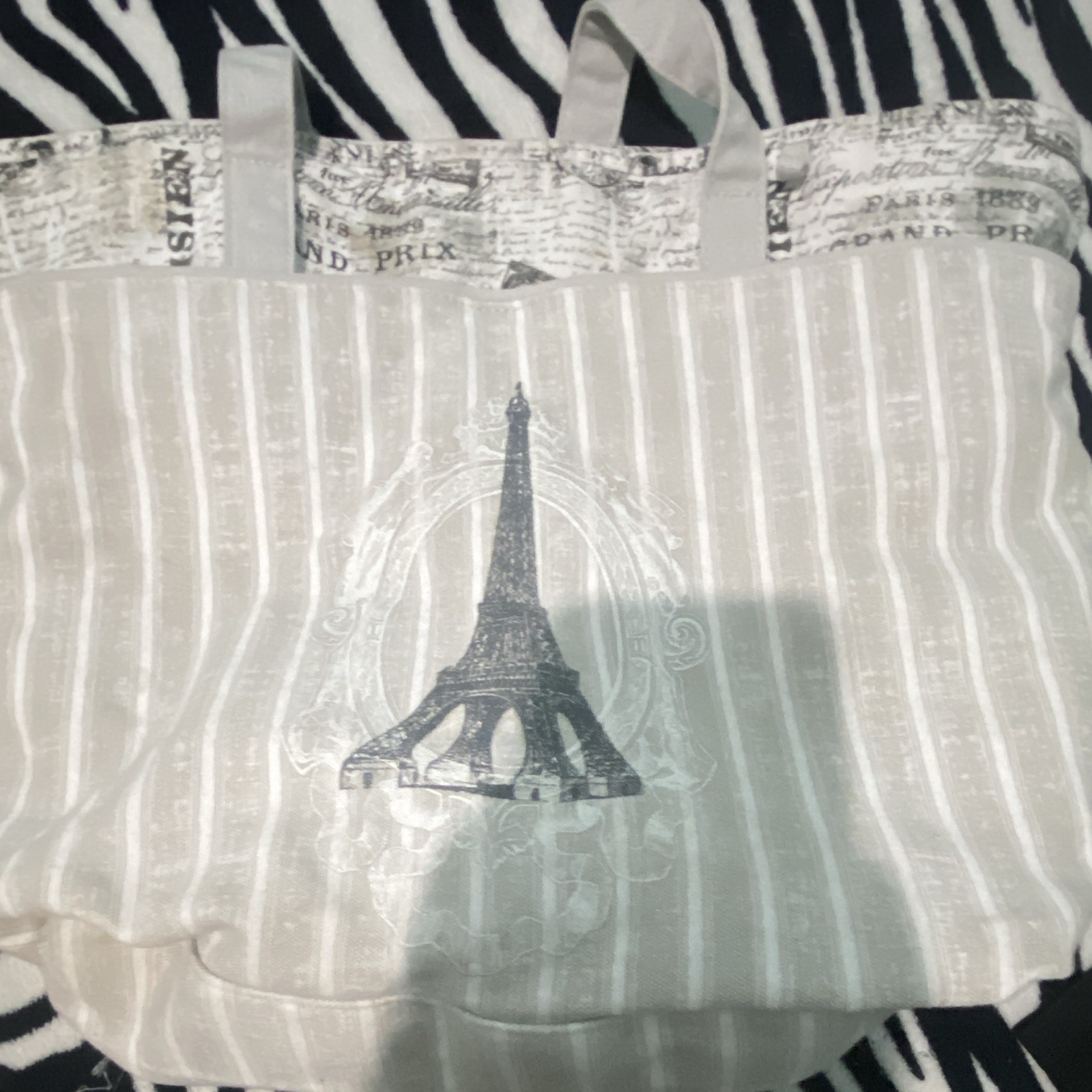 Women’s Paris Eiffel Tower Striped Tote Bag Beige/Gray Lined Magnetic Close