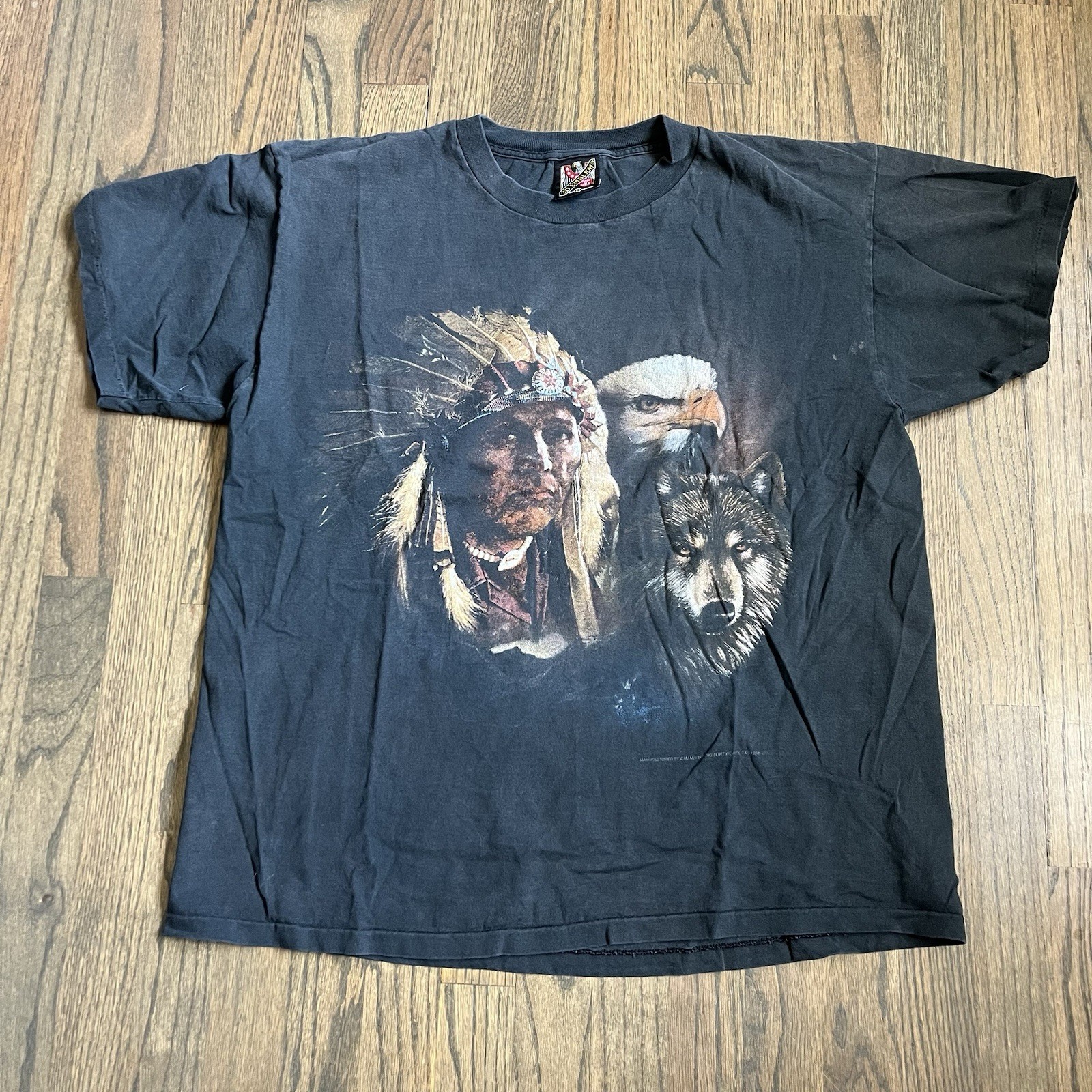 Vintage 90s 3d Emblem Wolf Eagle Native American Sz XL