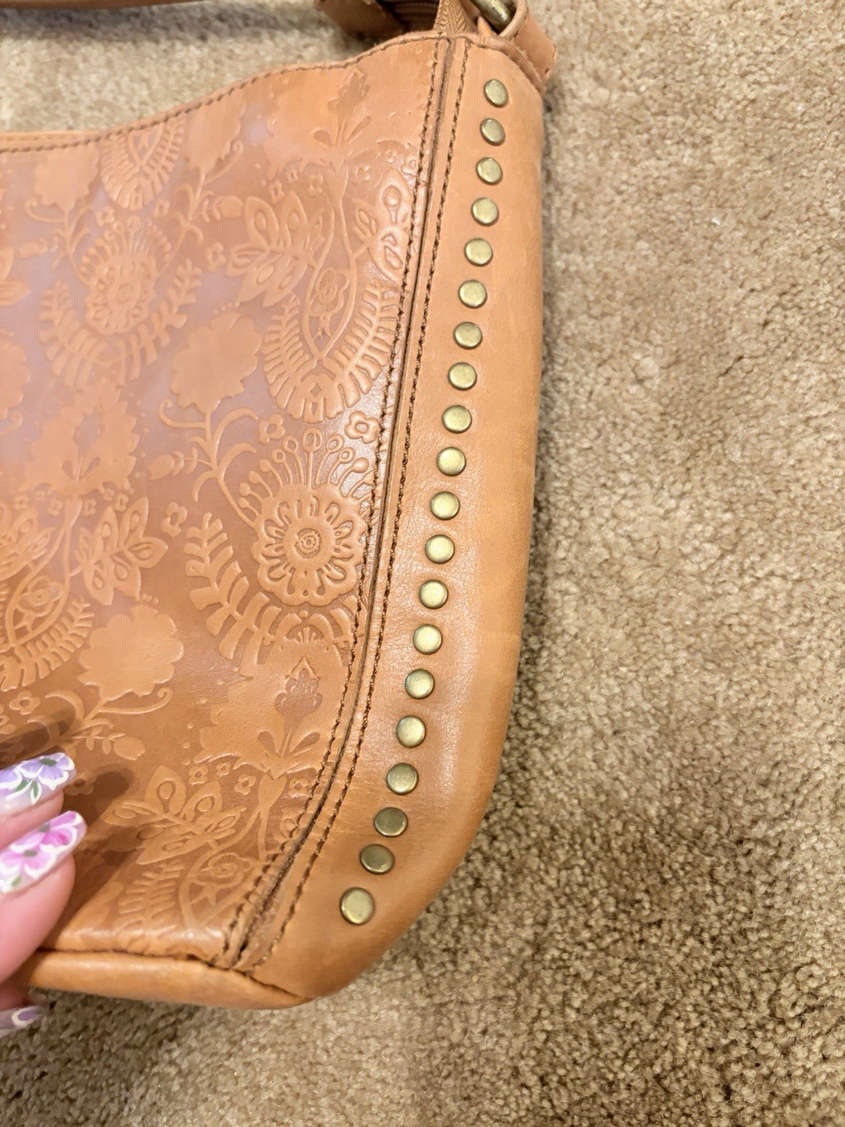 The Sak Brown Floral Embossed Shoulder Bag Zip Closure Studded Detach Strap