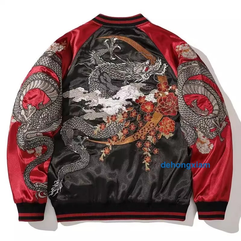 New Mens Bomber Japanese Pattern Embroidery Dragon Tattoo Sukajan Fashion Jacket