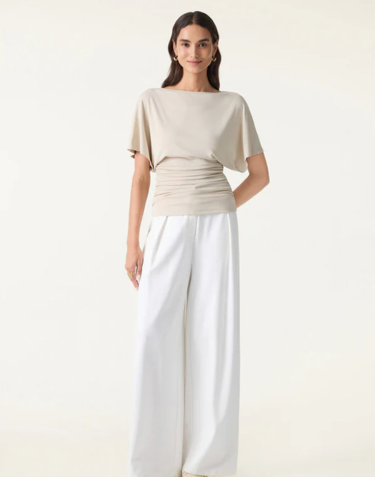 OGL Effortless Boatneck Batwing Sleeve Side Ruched Top, Morning Mist Color, New