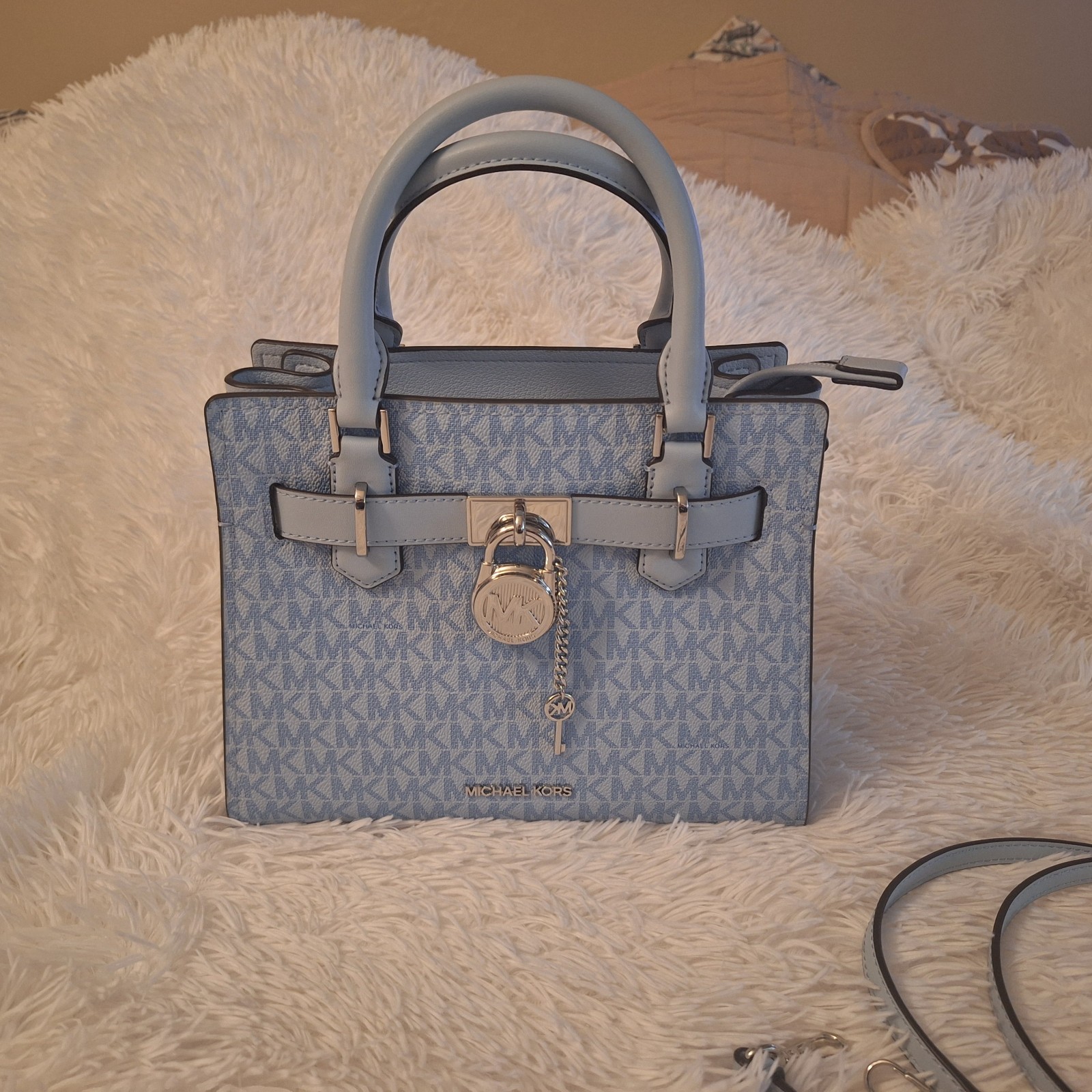 Michael Kors Hamilton Blue Monogram Satchel Top Handle Zip w/ Detachable Strap