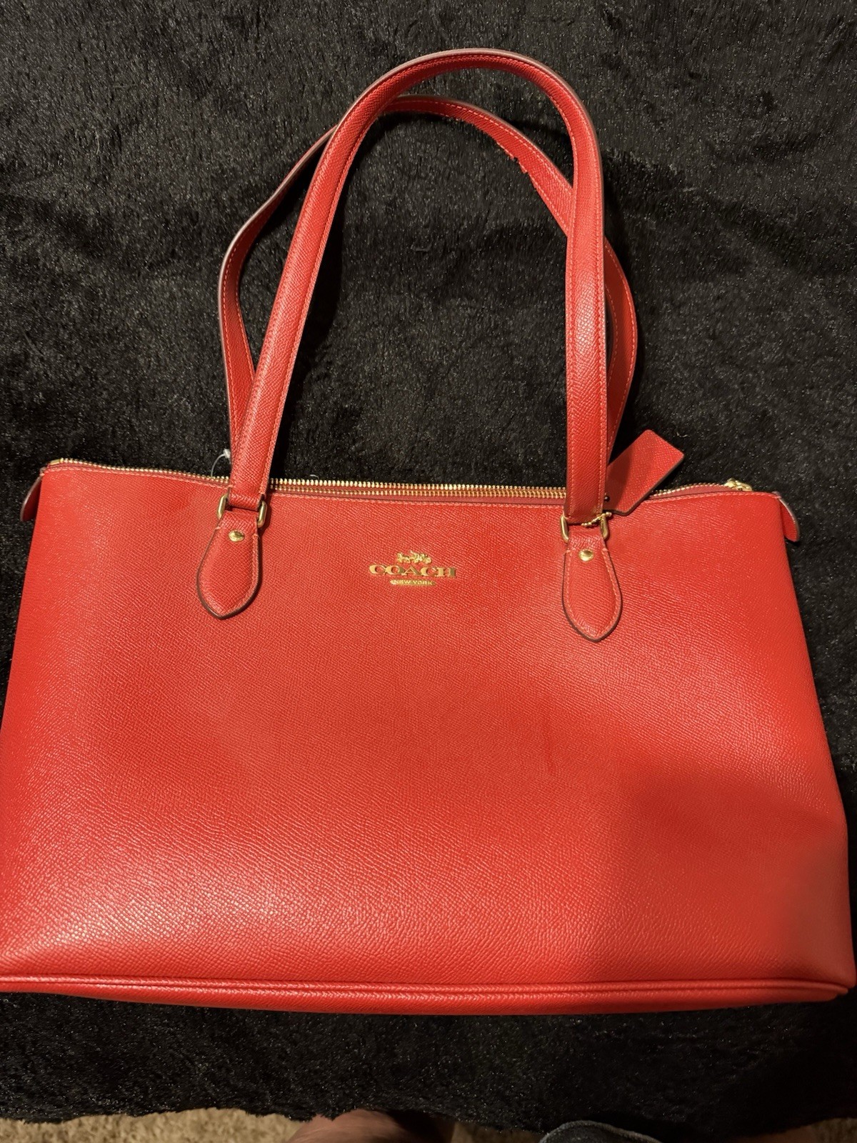 Coach Red Pebbled Zip-Top Satchel Double Handles Gold Hardware Pockets Hang Tag
