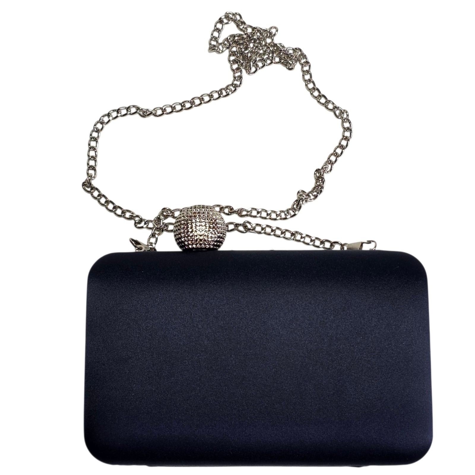 Nina Crystal Clasp Satin Minaudiere Evening Clutch Navy NWT