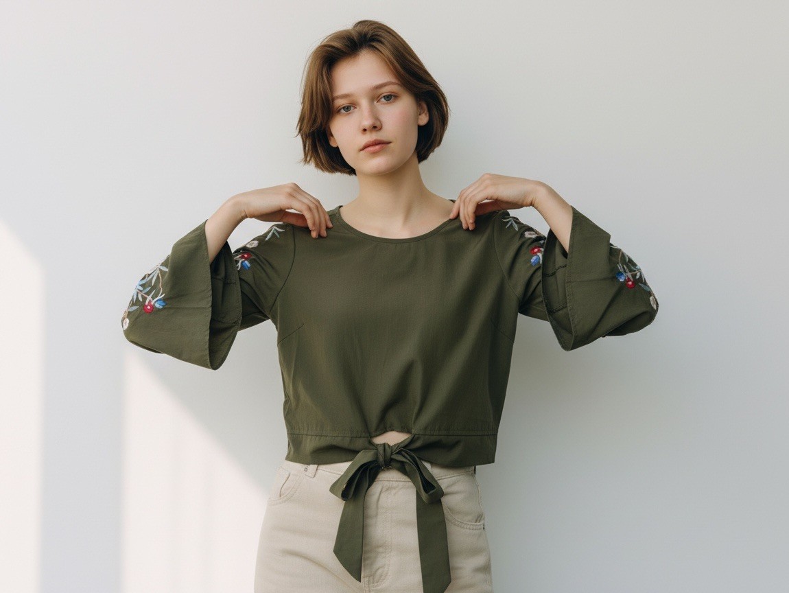 Roommates Gorgeous Embroidered M Olive Green Crop Top w/Bell Sleeves Boho Preppy
