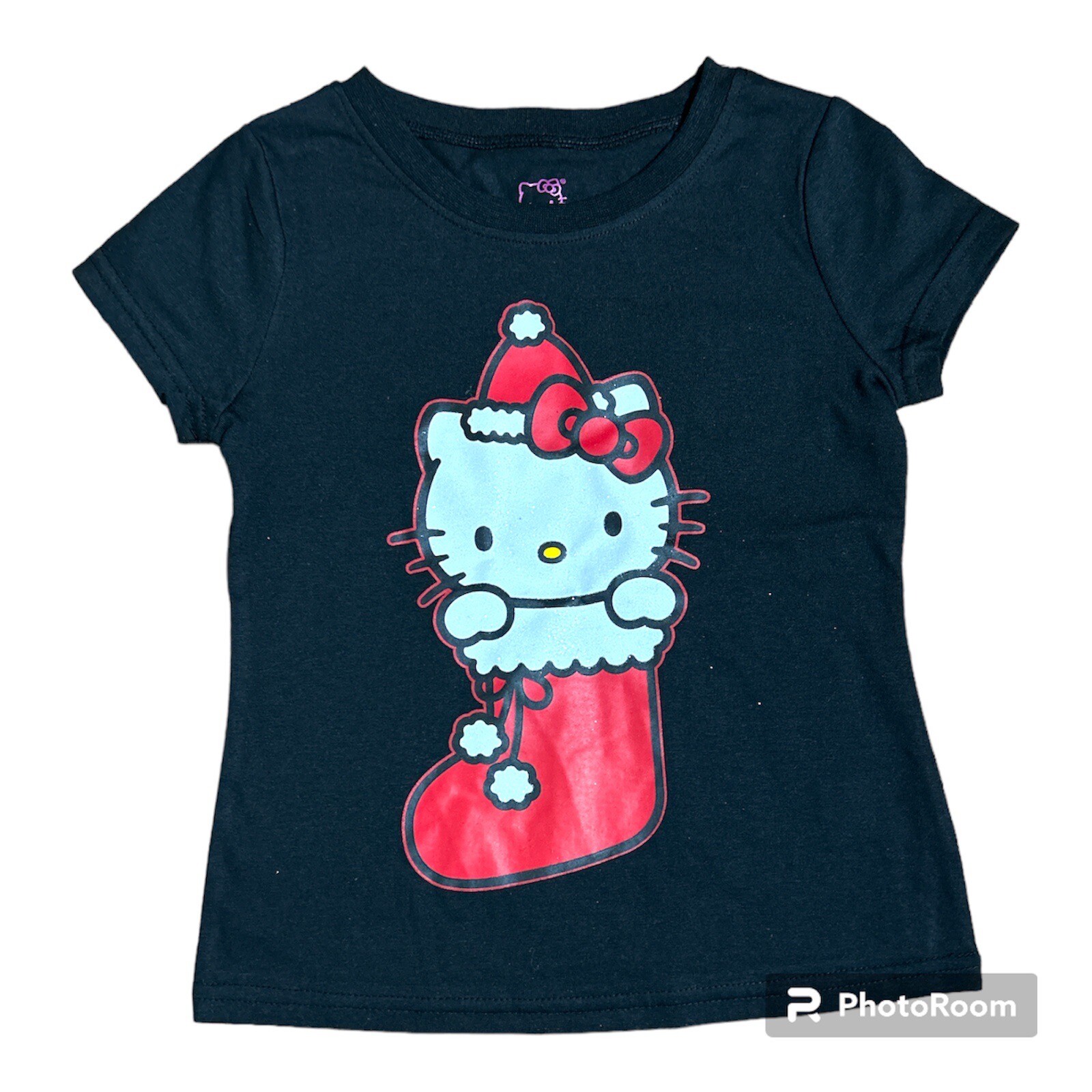 Hello Kitty Girls Christmas T-Shirt Size 5/6 – Black Holiday Graphic Tee, Cute