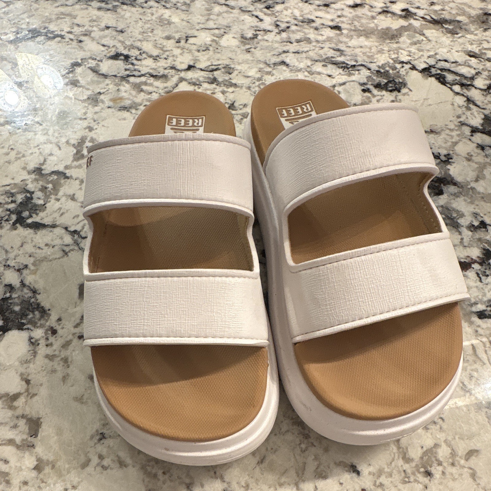 Reef Women’s Cushioned Slide Sandals White/Tan Logo Slip On US 10 EU 41