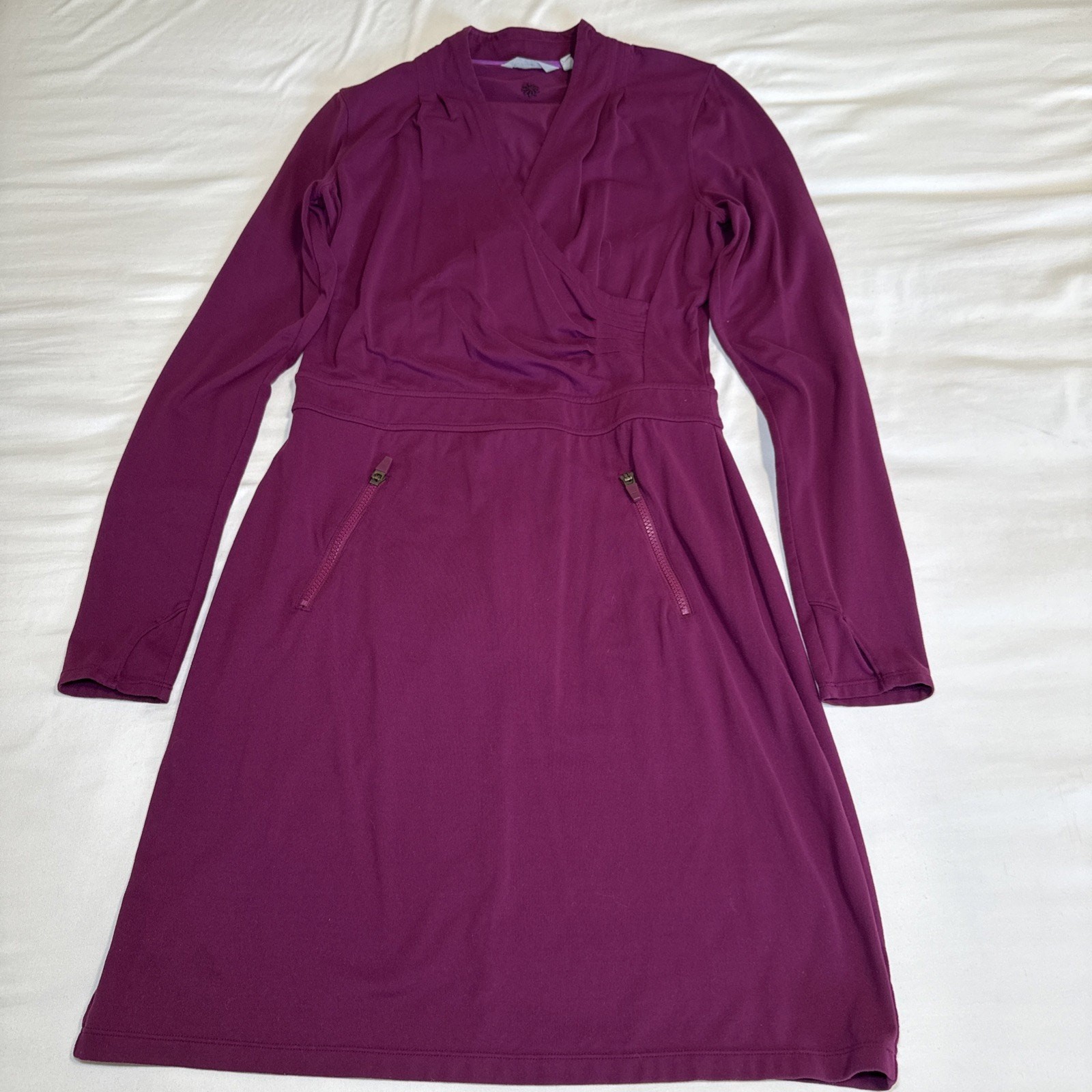 ATHLETA Suedy Lady Dress Womens MT Tall Burgundy Pockets Thumbholes Surplice EUC