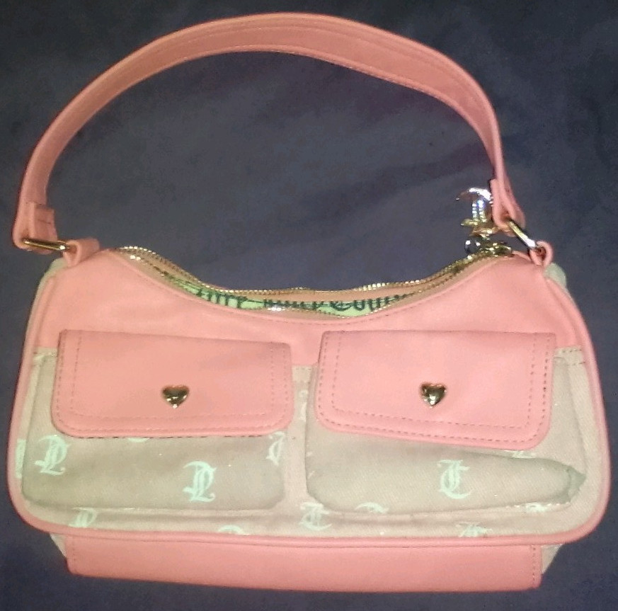 Juicy Couture Pink Small Satchel Top Handle Zip Logo Heart Charm Inner Pockets
