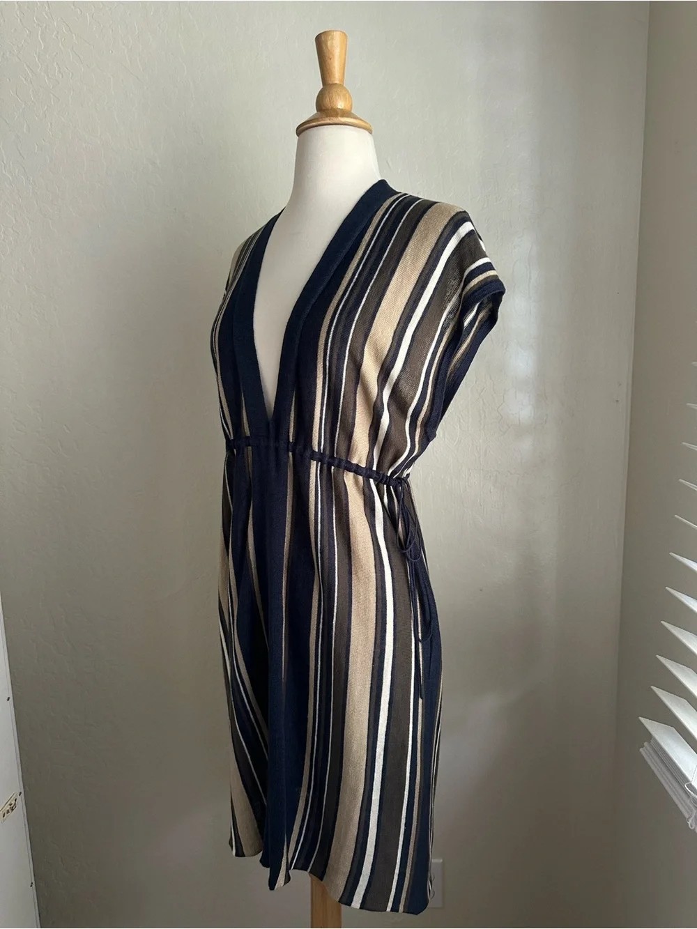 Theory Navy and Cream Striped V-Neck Midi Dress