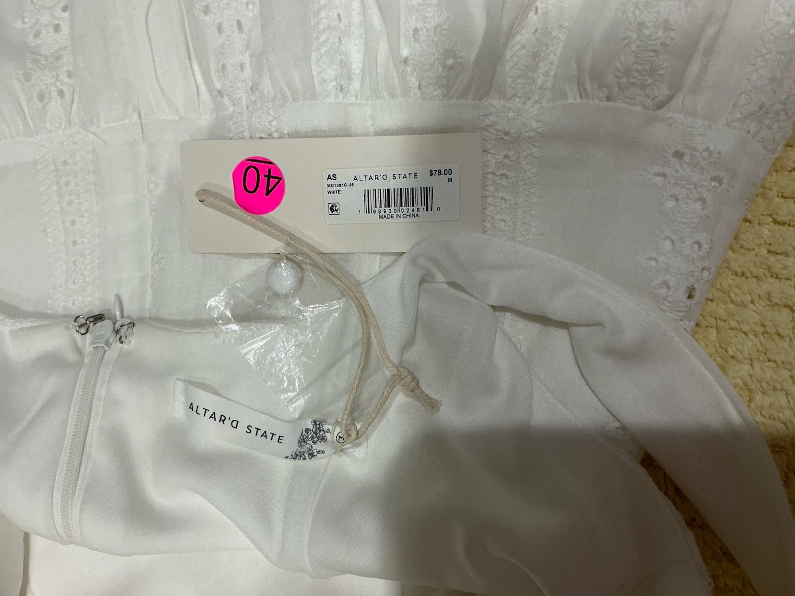 Altar’d State White Eyelet Drop Waist Mini Dress Size Medium NWT