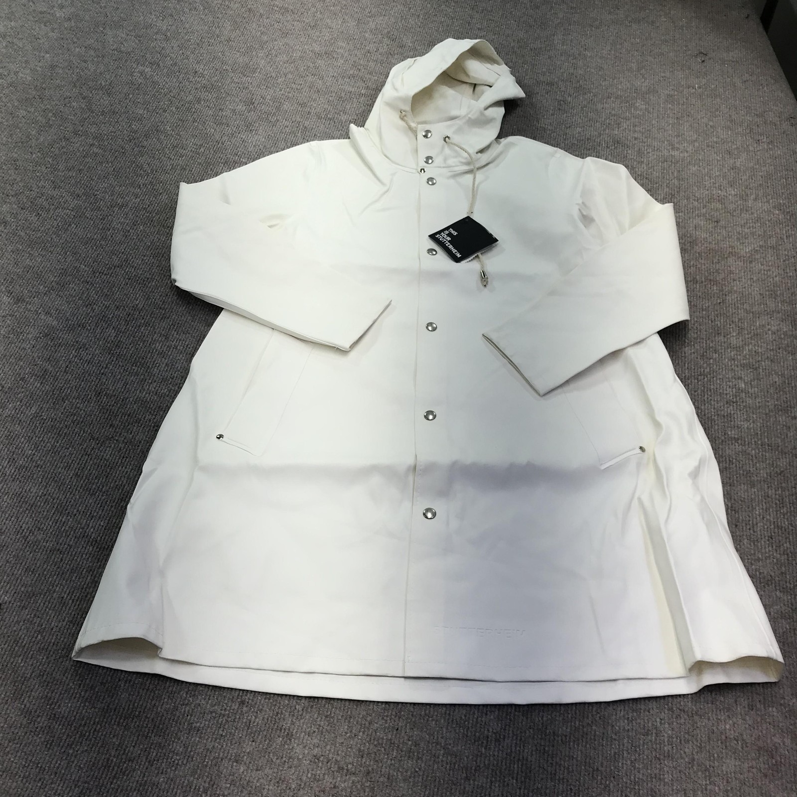 Stutterheim Raincoat Womens XS White Hooded Long Waterproof Jacket Coat