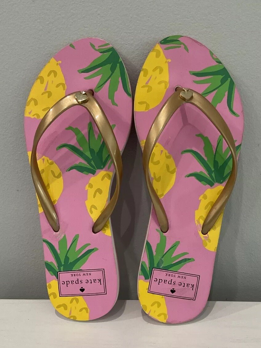 Kate Spade Womens Sz 6M NY Nassau Flip Flop Pineapple Gold Pink Excellent Cond.