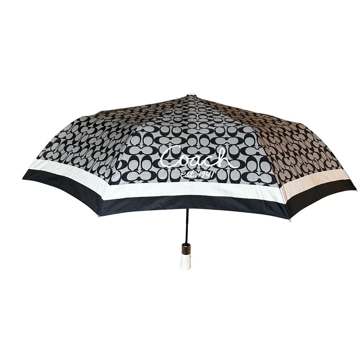 Coach Vintage Umbrella Black Gray White Logo C Print Y2K 2000s Rain Preppy