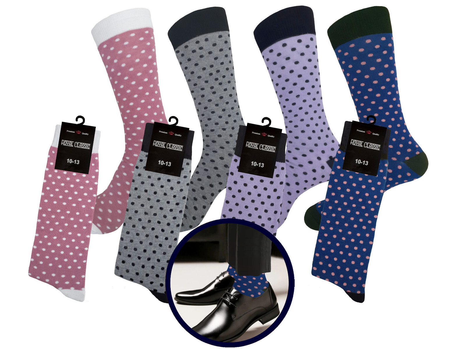 4 Pk Cotton Dress Socks First Quality TRUE TO SIZE 10-13 Multicolor Polka Dot