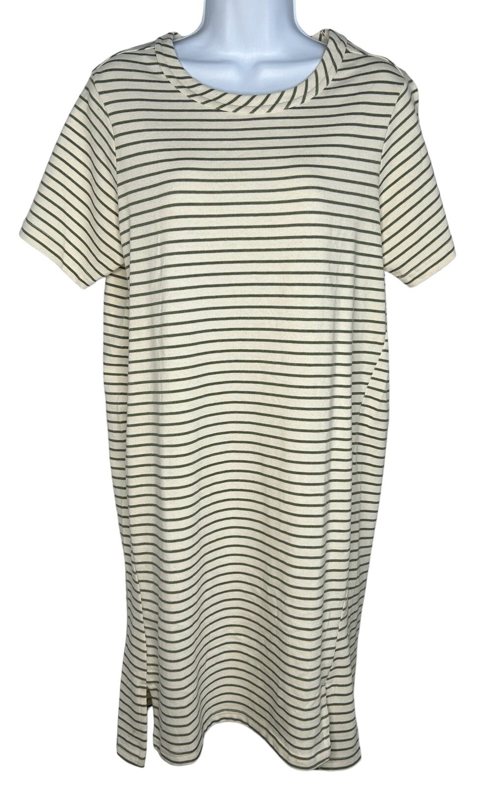 Buffalo Knit Striped Short Sleeve T-shirt Dress ~ Off White / Moss Green ~ Small