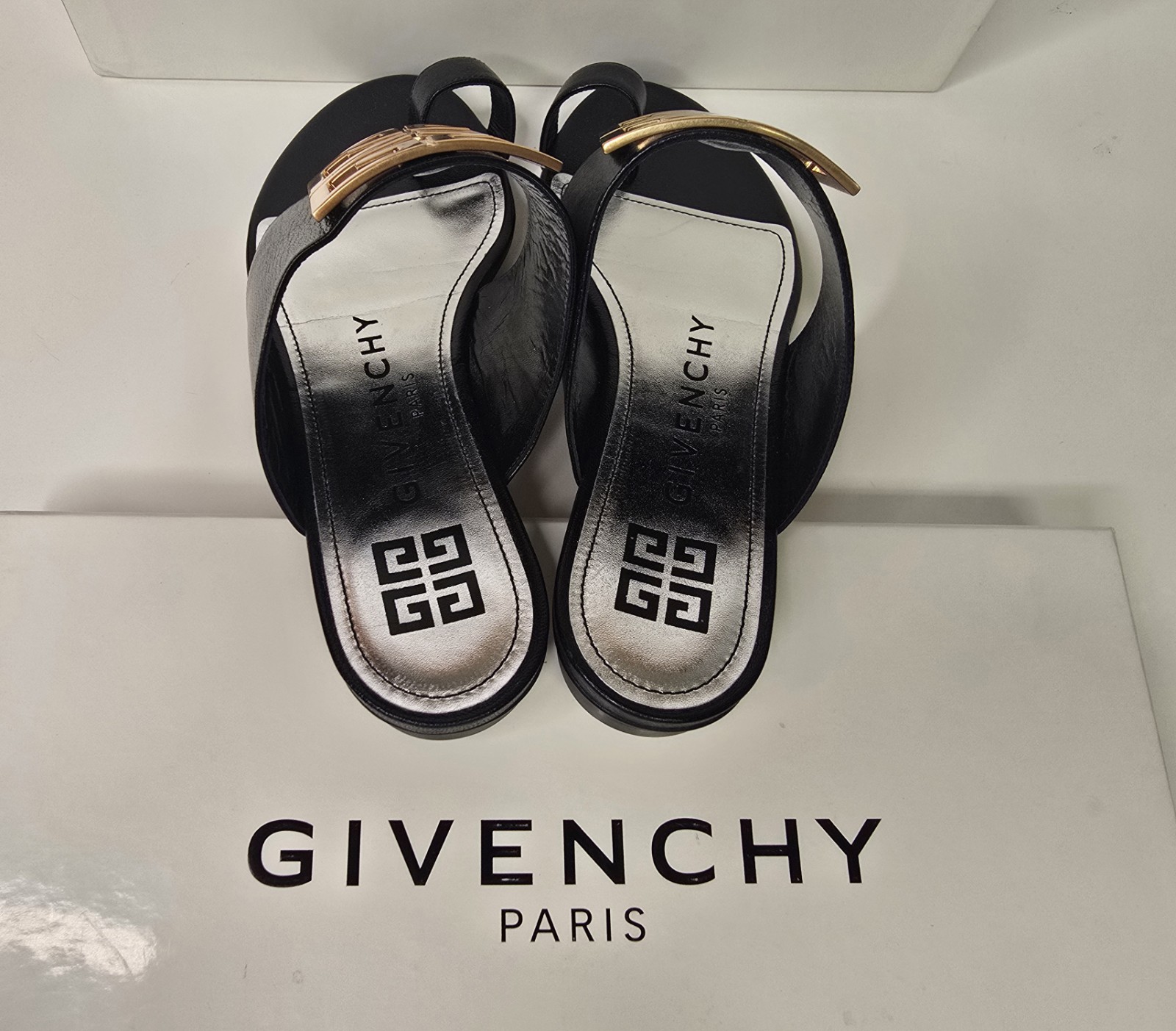 Givenchy 4G Logo Sandals Black Leather Gold Tone Hardware Women’s EU 38