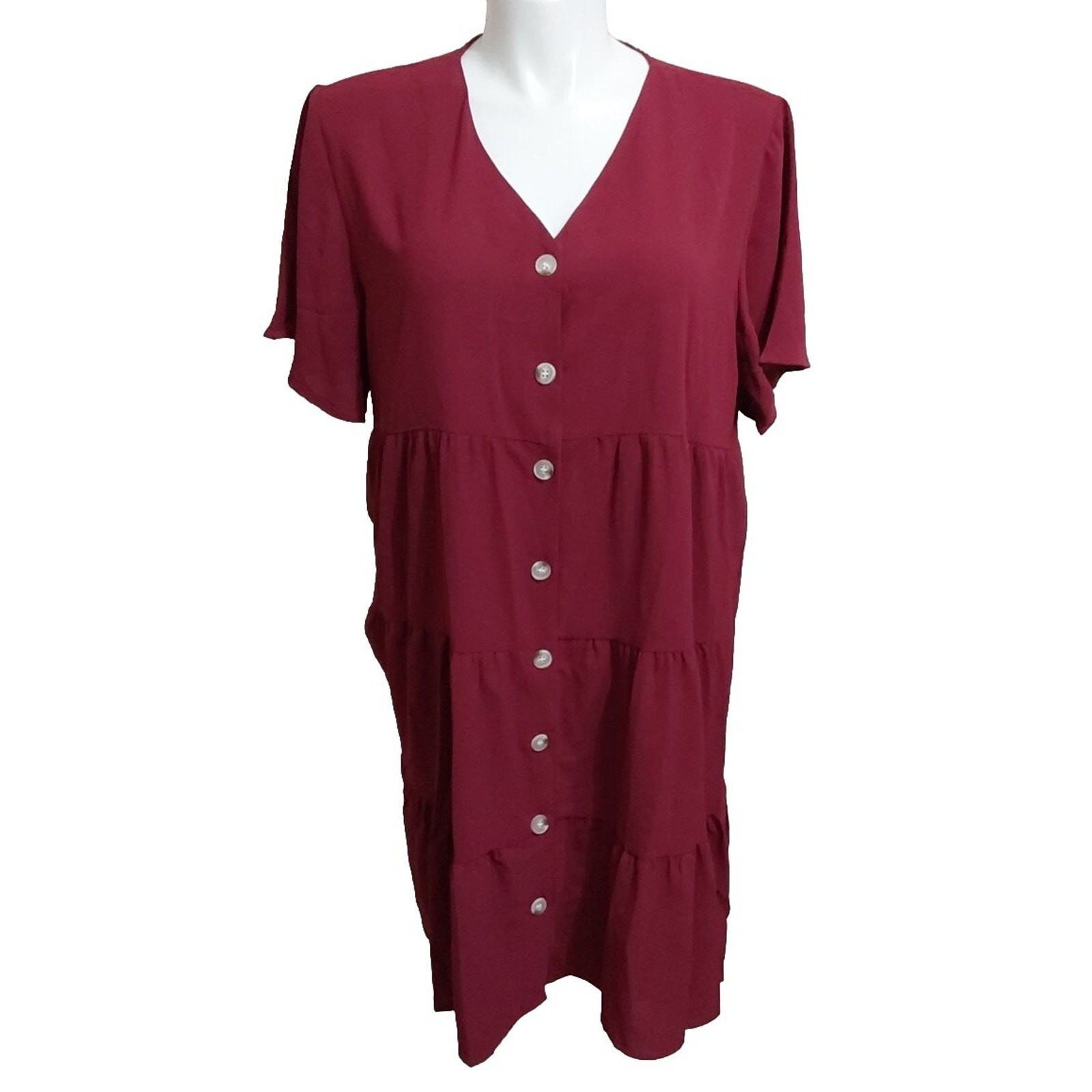 *NWT* 2XL Burgundy 100% Dacron Tiered Shaker Button-Down Dress #2y67