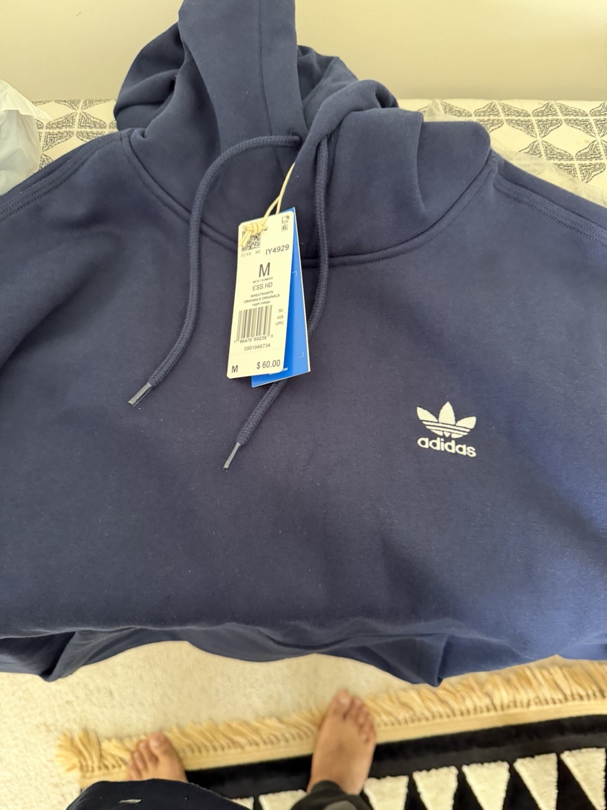 adidas Originals Men’s Blue Fleece Pullover Hoodie Trefoil Logo Size M IY4929