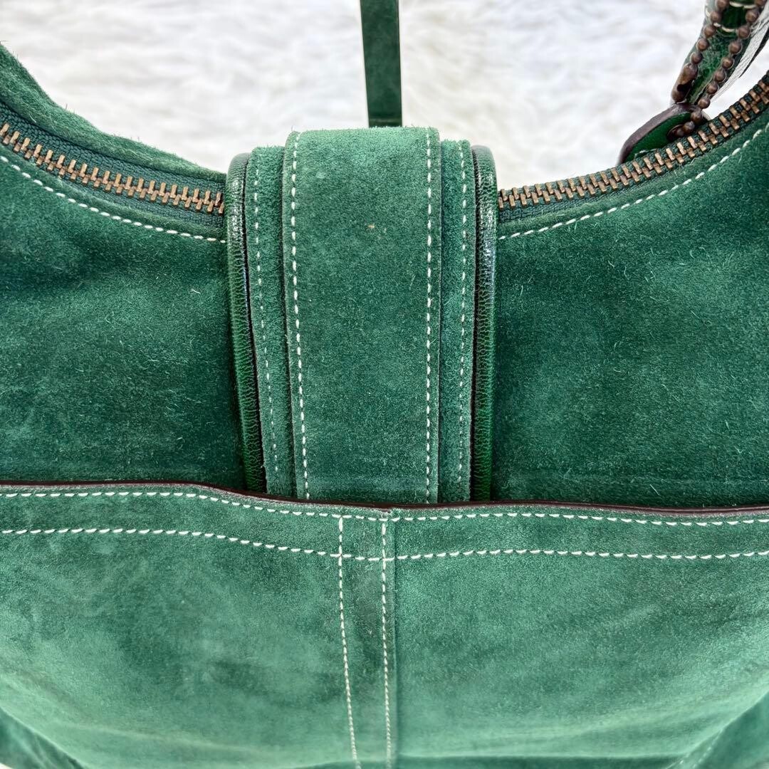 COACH Vintage Suede Hobo Shoulder Bag Green Gold Tassel Women 12.6in Lush Style