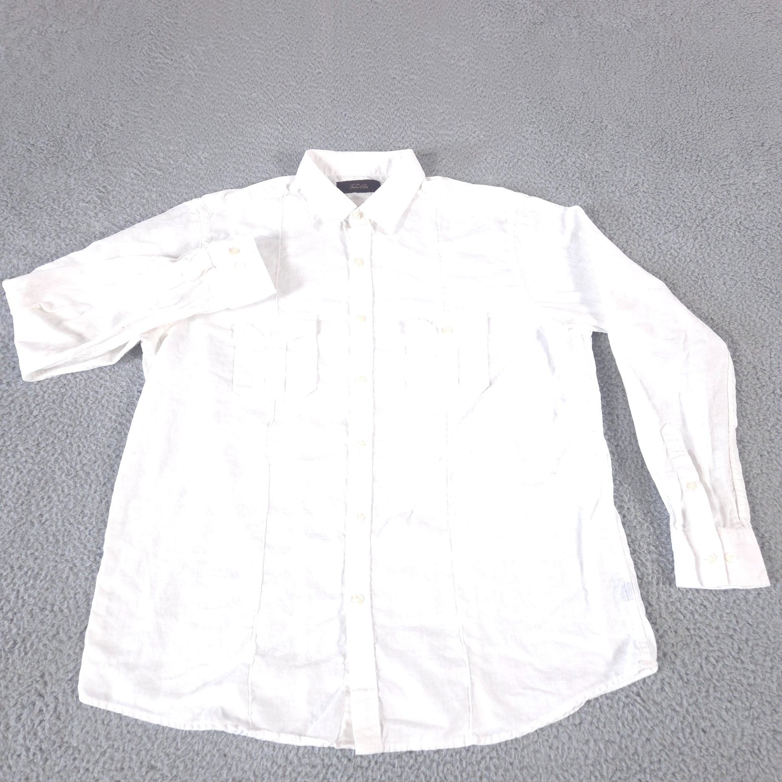 Tasso Elba Shirt Men Large White Linen Button Up Roll Tab Sleeve Casual Office