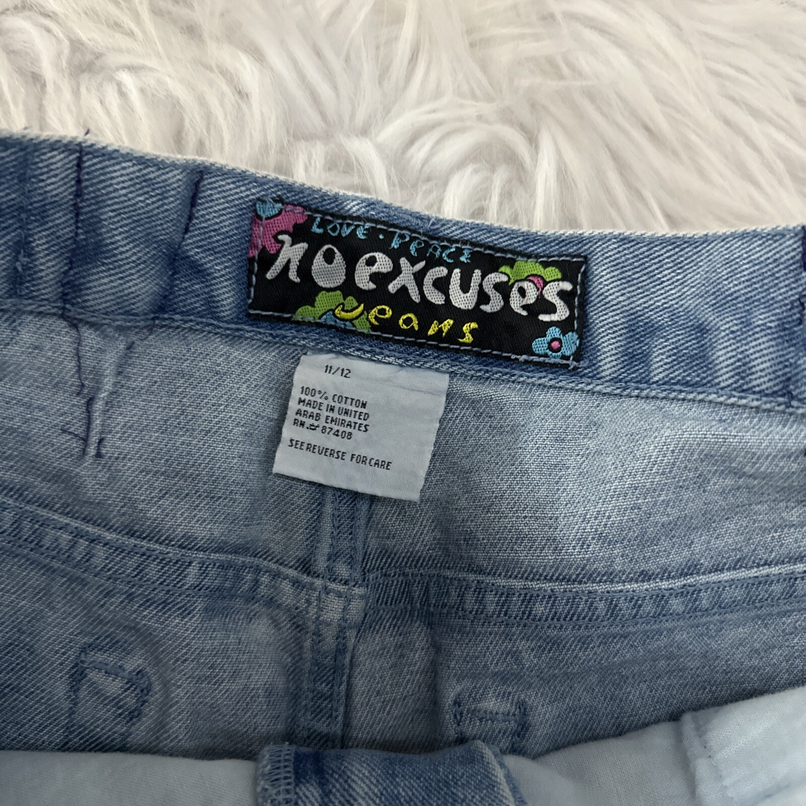 No Excuses Vintage Love Peace Denim shorts High Rise 11/12 View Measurements