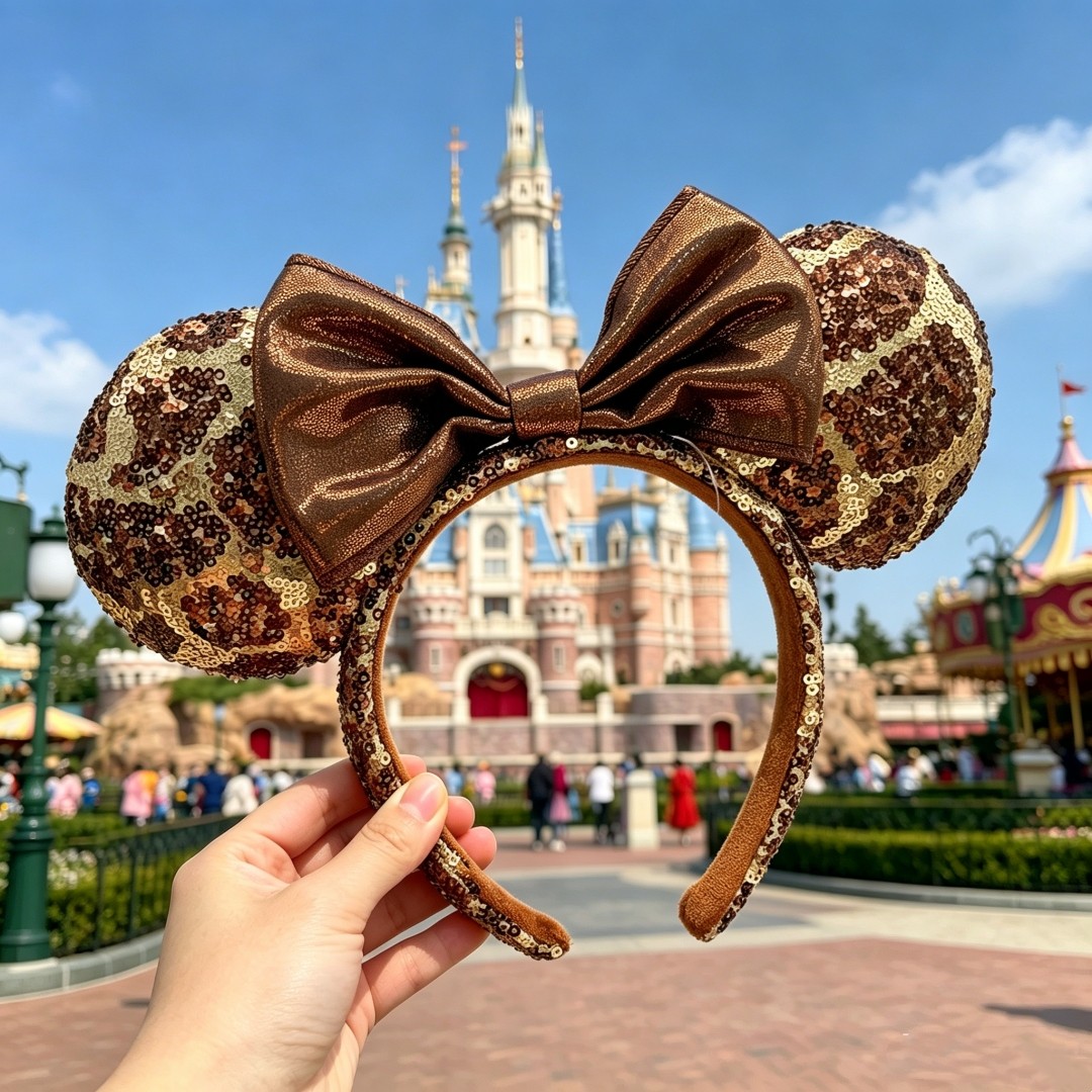 Disney` Animal Kingdom Parks Headband Minnie Mickey Ears Giraffe Print Spangle