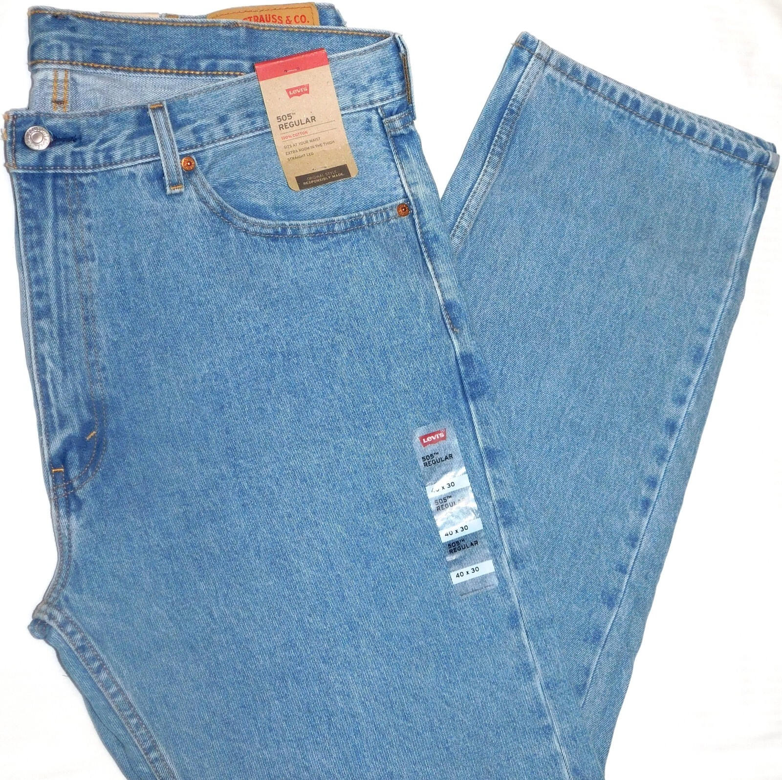 LEVIS 505 Regular Fit Jeans Straight Extra Room in Thigh At Waist Bleach Blue