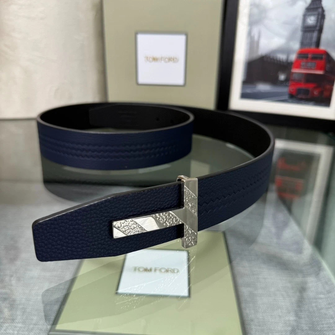 TOM FORD Navy Pebbled Leather Belt Silver T Buckle 38mm Men’s w/ Box