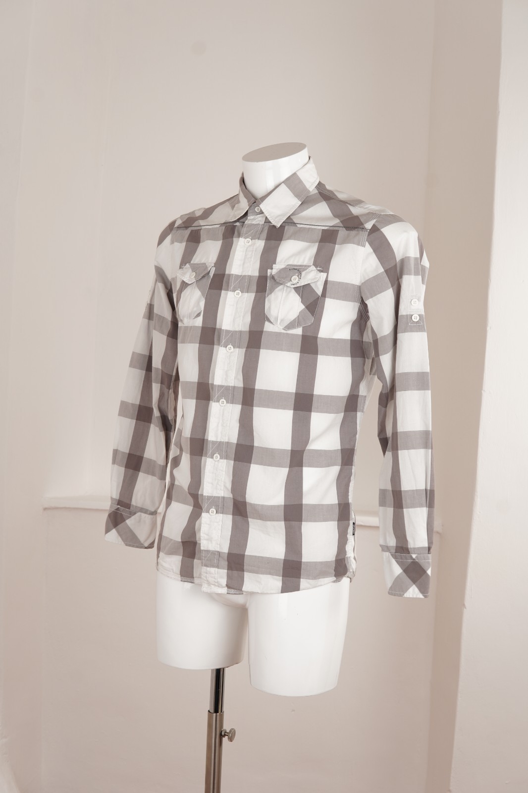 Vintage Blend Plaid Shirt Grey White Cotton Casual Mens M