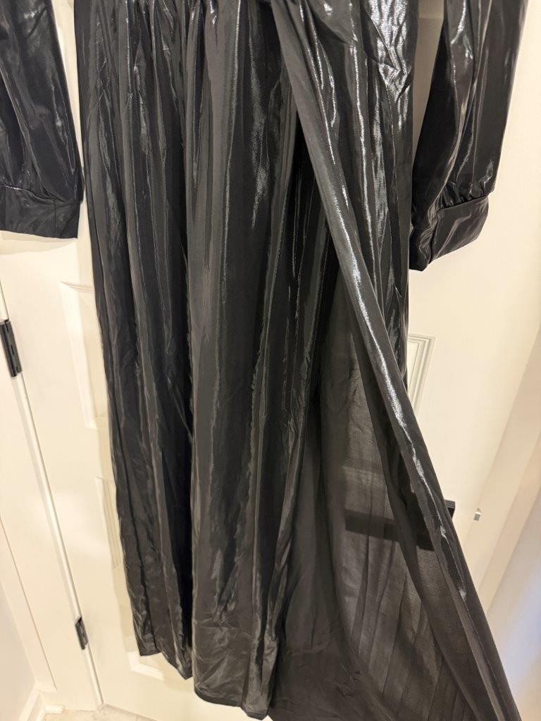 Womens Sheer Wet Look Long Sleeve High Slit Gown Dress Sz L Black NWOT